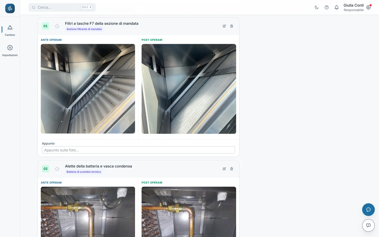 Dettaglio di un lavoro in AerPuro con le coppie di foto ANTE e POST di un impianto