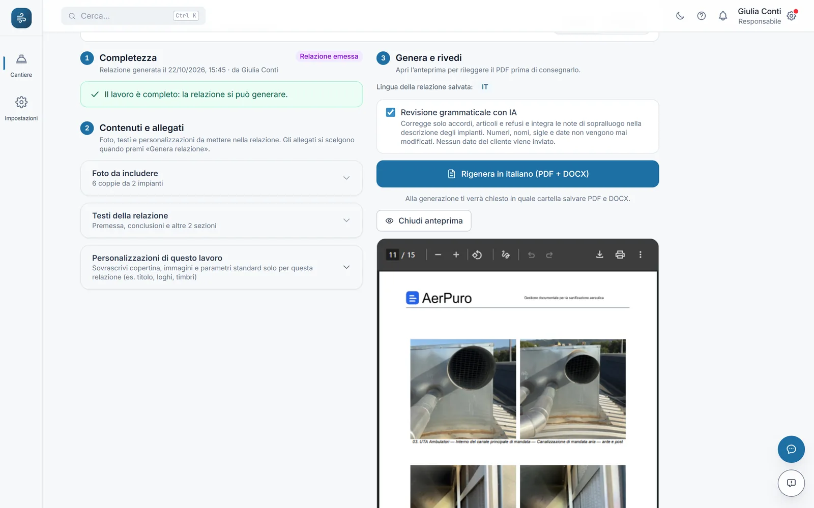 Relazione tecnica conforme alle linee guida AIISA generata da AerPuro e pronta per il download in DOCX e PDF