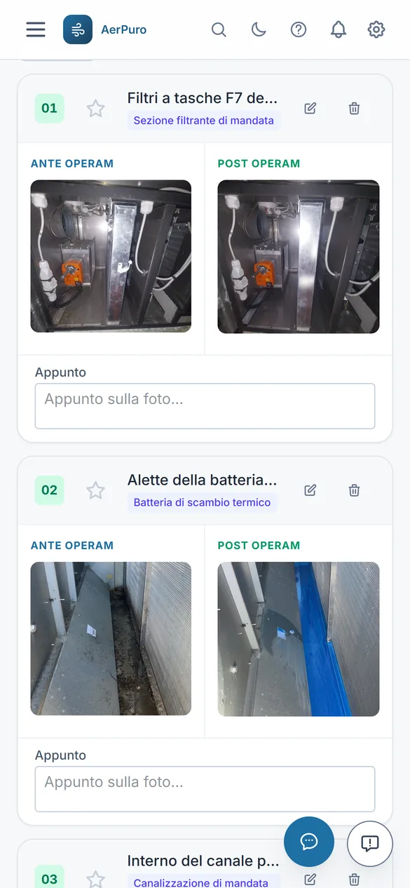 Elenco delle coppie di foto ANTE e POST numerate di un impianto, sul telefono