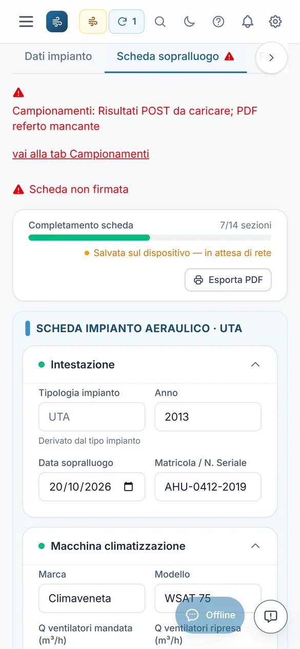 Scheda di sopralluogo di AerPuro aperta sul telefono senza connessione